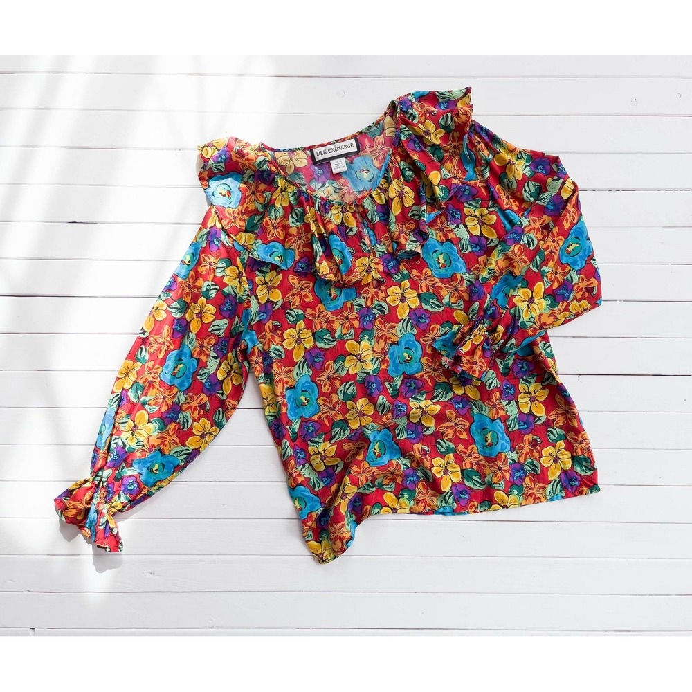 Silk Exchange Ruffled Poet Blouse Vintage 80s Floral M Red Bishop Sleeve Silk